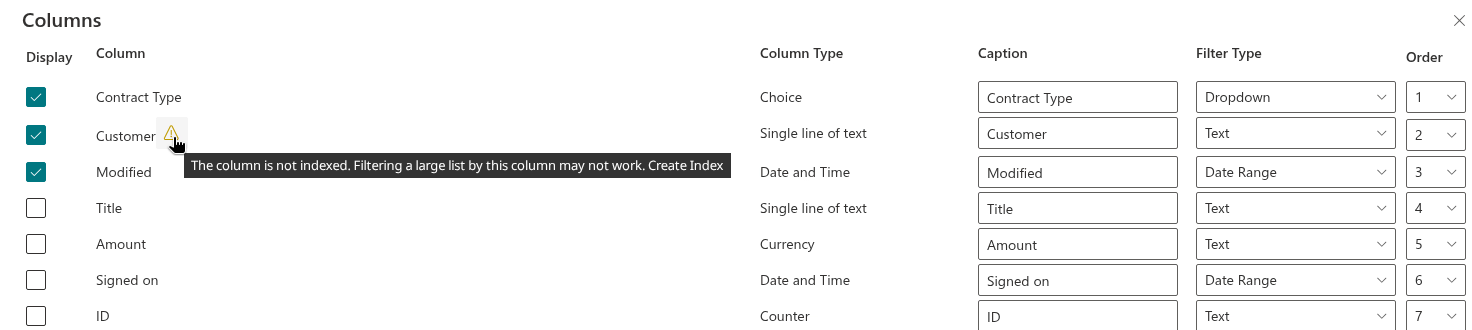 The Create Index icon in the filter pane configurator