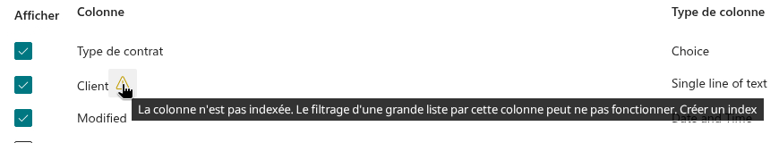L'icône Create Index dans le configurateur du volet de filtrage