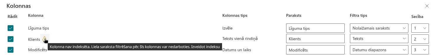Ikona «Izveidot indeksu» filtru rūts konfiguratorā