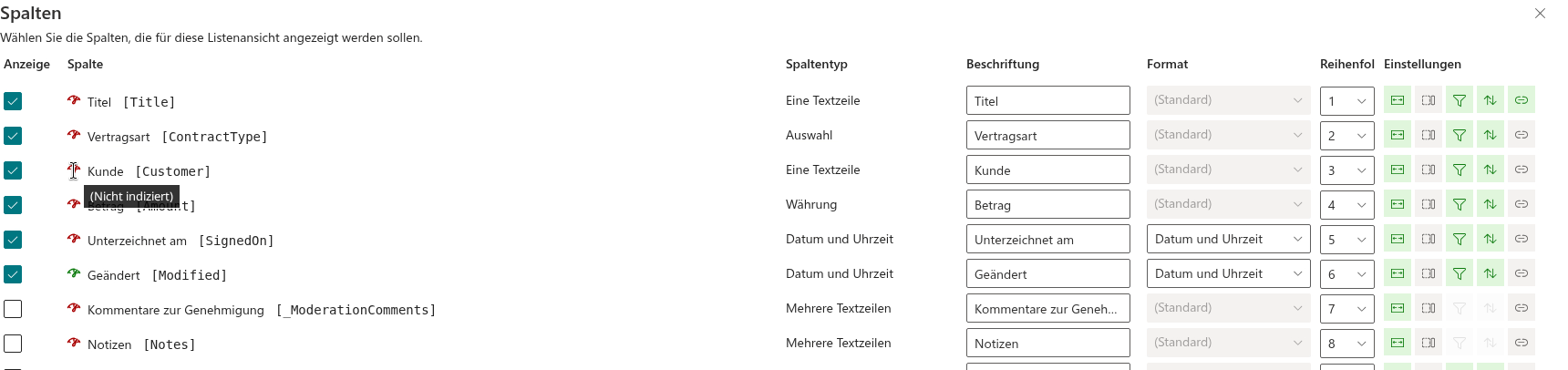 Indexstatus der Spalten im Entwicklermodus