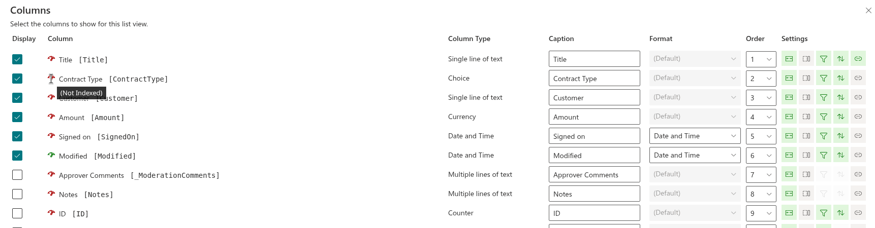 Index state of the columns in developer mode