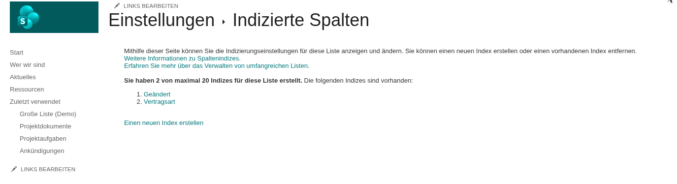 Die Seite „Indizierte Spalten" der Listeneinstellungen
