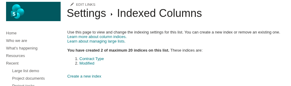 The Indexed columns page of the list settings
