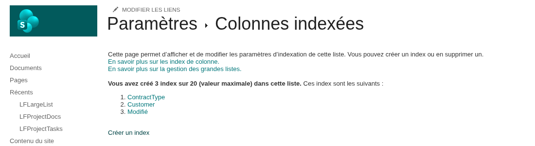 La page Indexed columns des paramètres de la liste