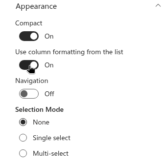 The Compact toggle in the Appearance group