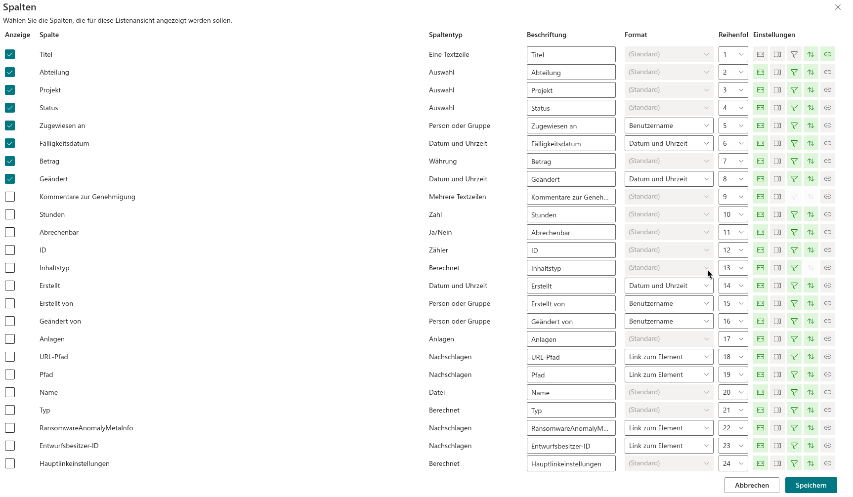 Der Bereich „Spalten" des List-Filter-Online-Webparts