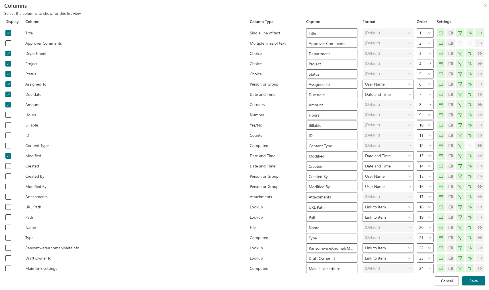 The Columns panel of the List Filter Online web part