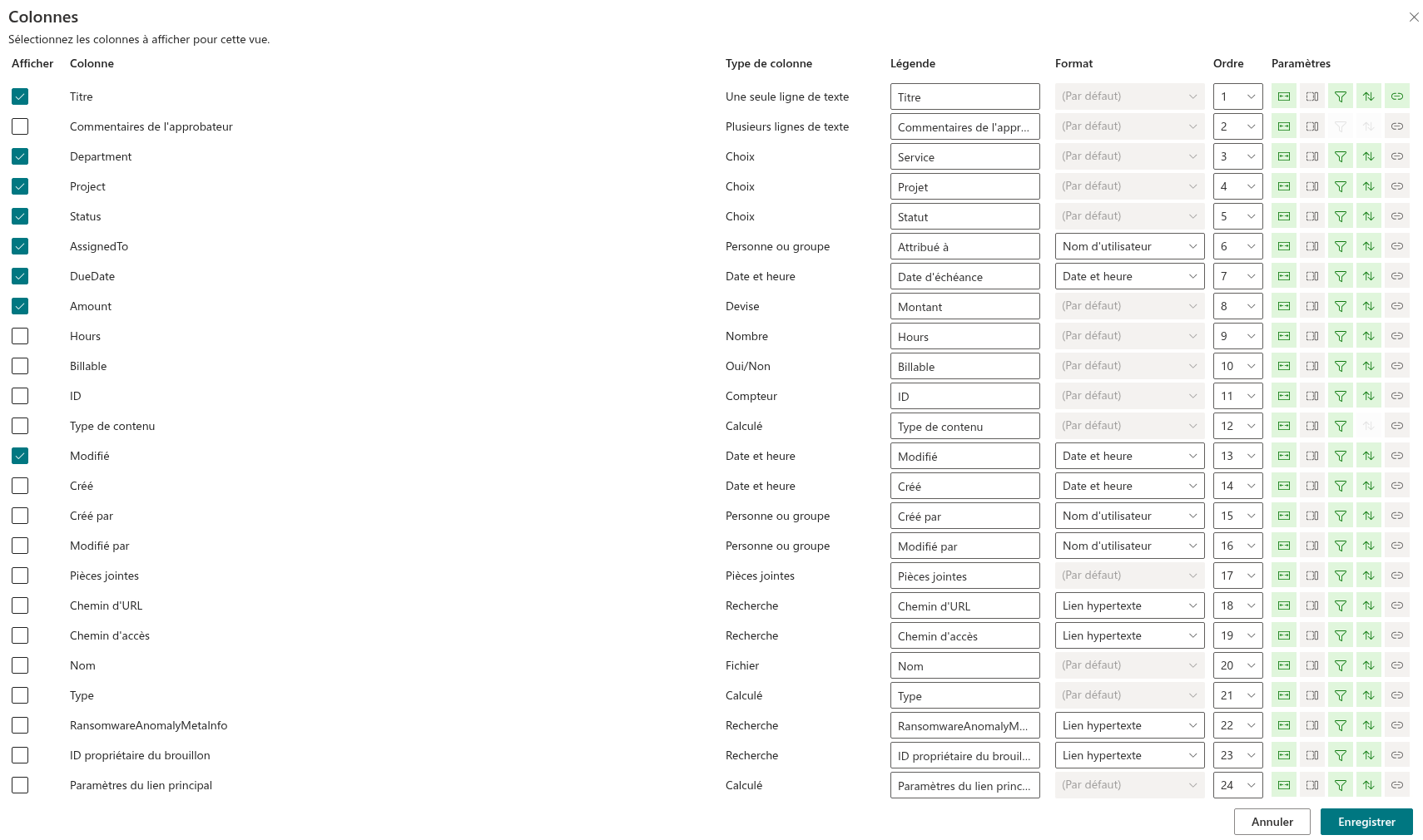 Le panneau Columns du composant WebPart List Filter Online