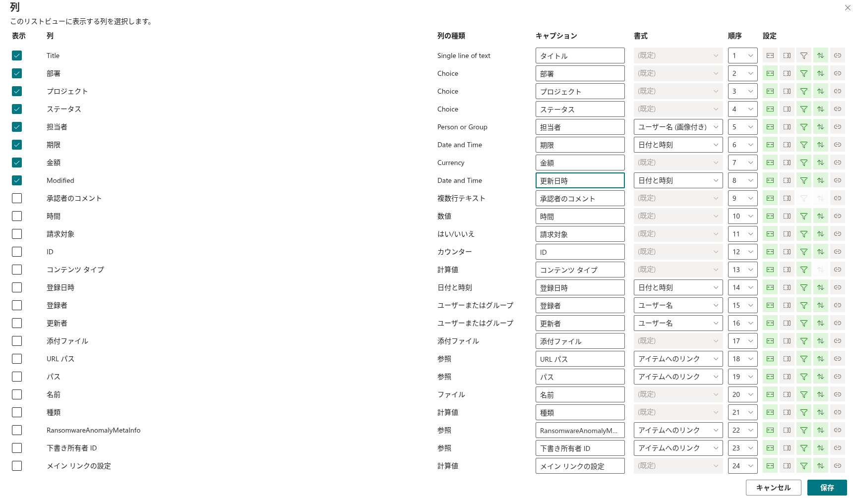 List Filter Online Web パーツの Columns パネル