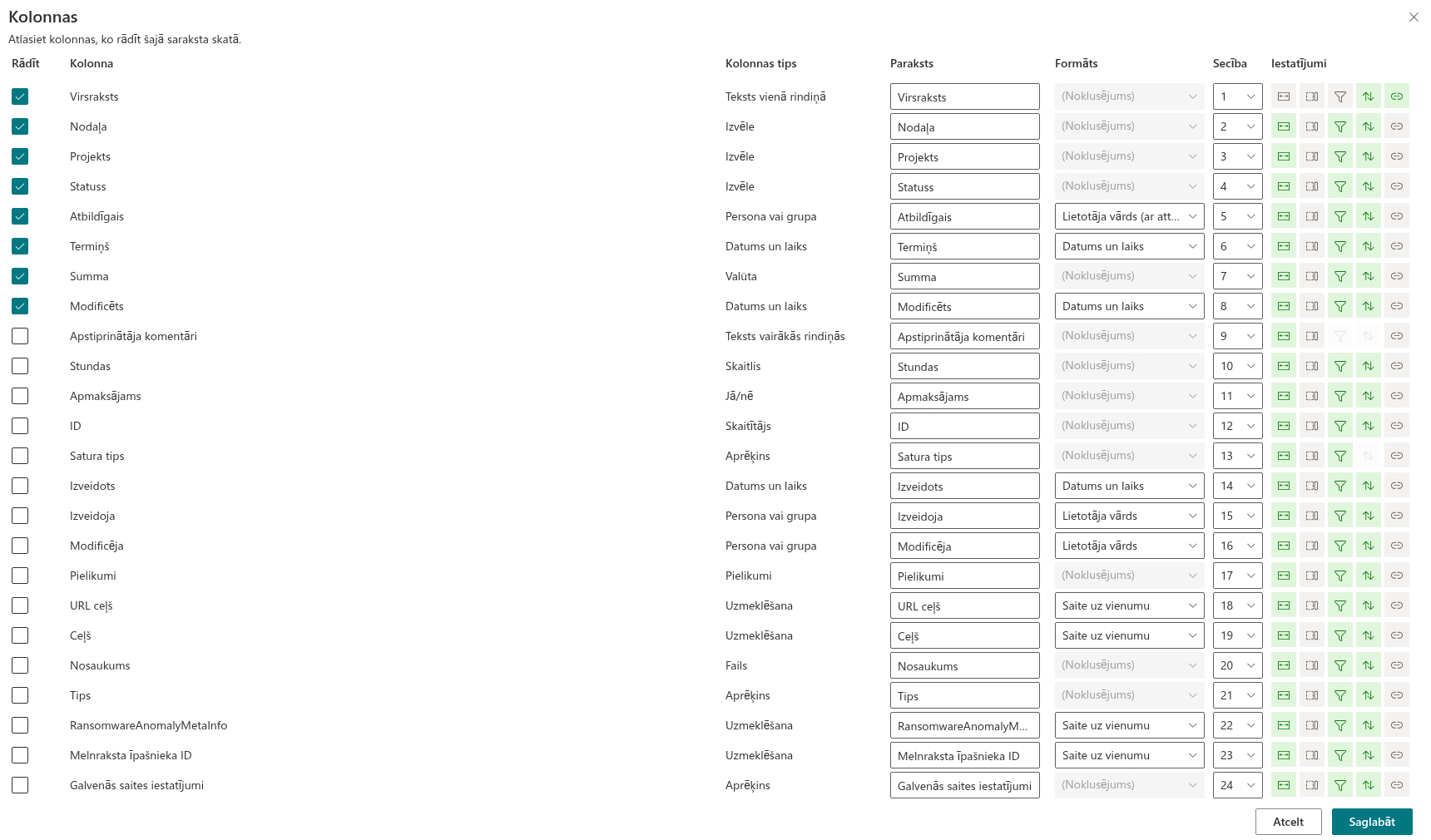 List Filter Online tīmekļa daļas panelis «Kolonnas»