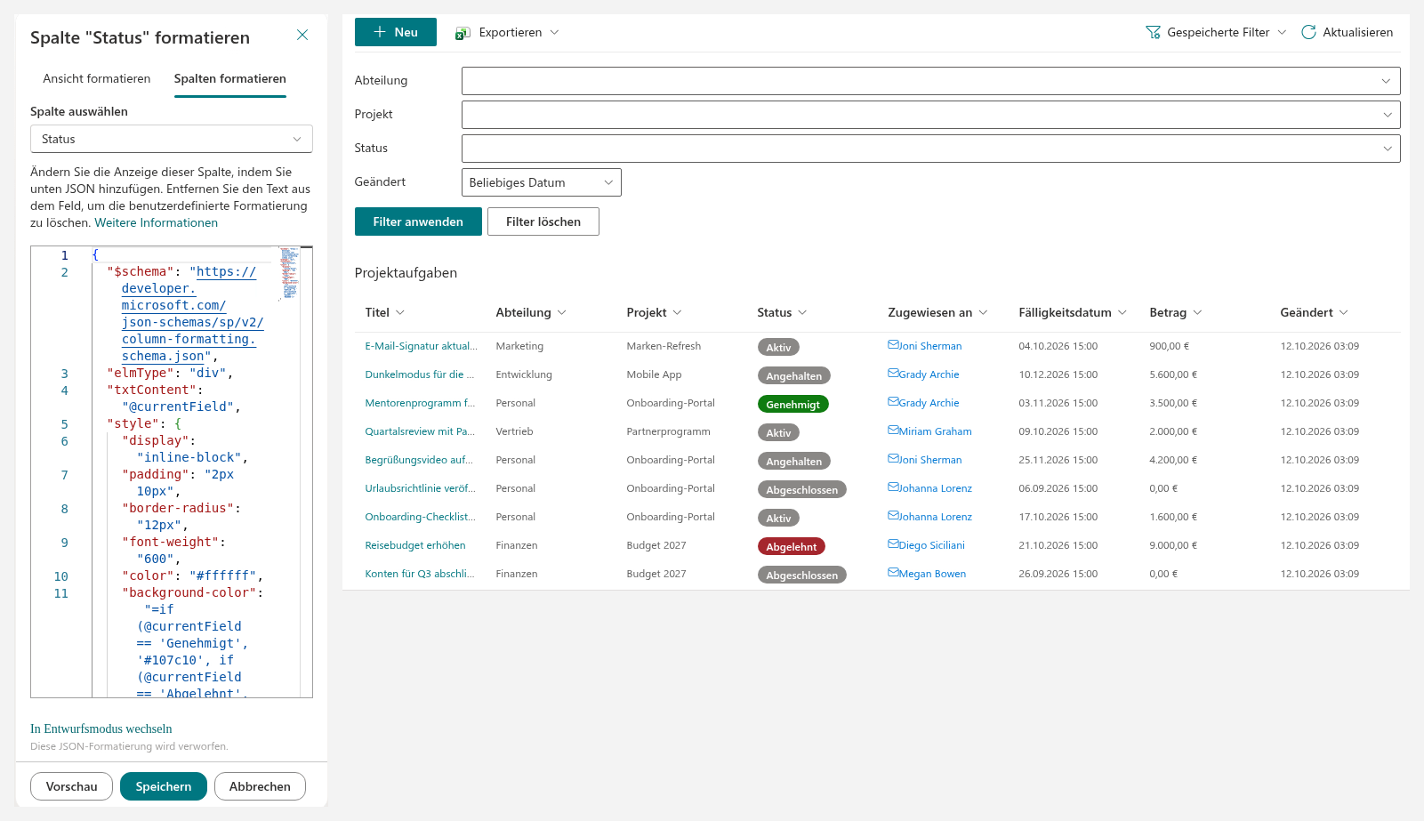 Ein in der Liste definiertes und im Webpart angewendetes Spaltenformat