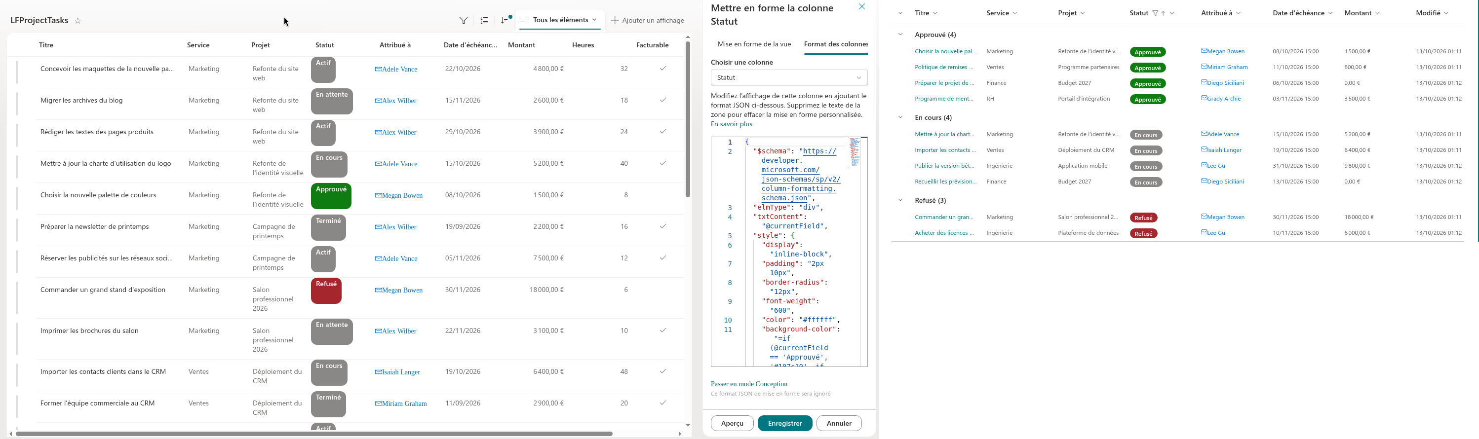 Un format de colonne défini dans la liste et appliqué dans le composant WebPart