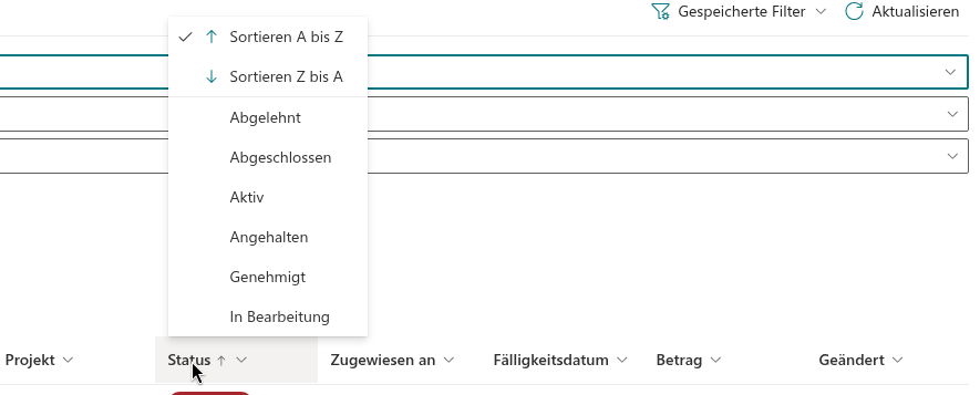 Sortieren über das Menü der Spaltenüberschrift