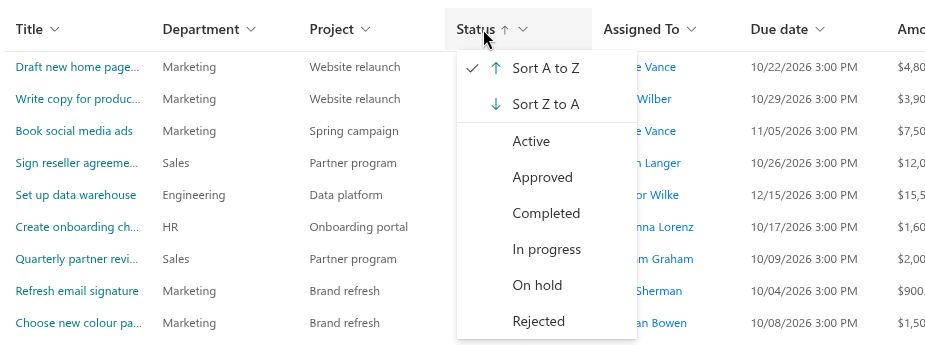 Sorting from the column header menu