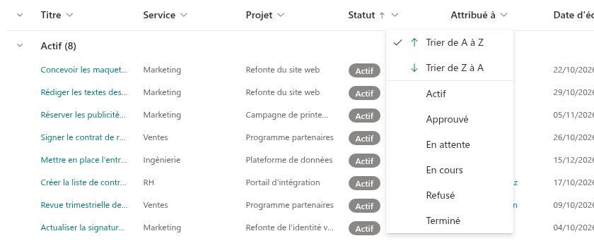 Tri depuis le menu de l'en-tête de colonne