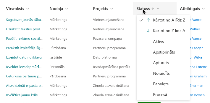 Kārtošana no kolonnas galvenes izvēlnes