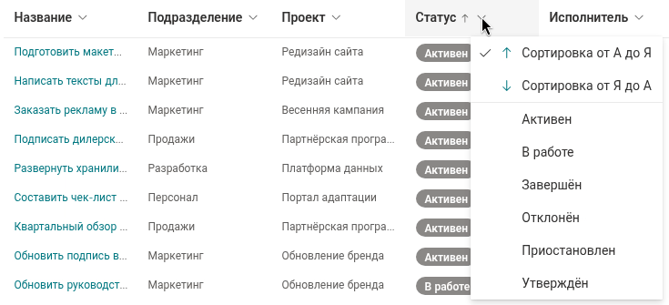 Сортировка из меню заголовка столбца