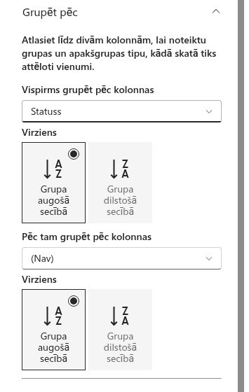 Rekvizītu rūts grupa «Grupēšana pēc»