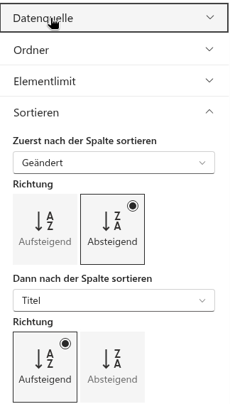 Die Gruppe „Sortieren" des Eigenschaftenbereichs