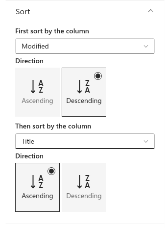 The Sort group of the property pane