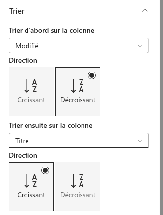 Le groupe Sort du volet de propriétés