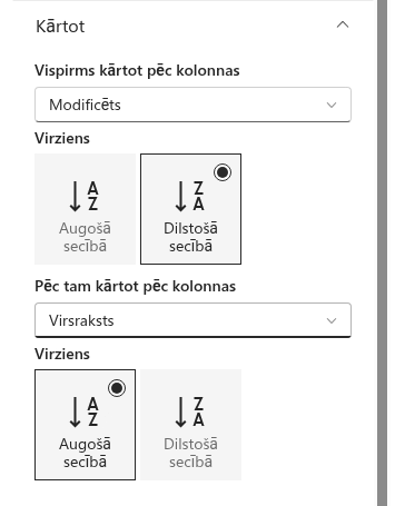 Rekvizītu rūts grupa «Kārtot»