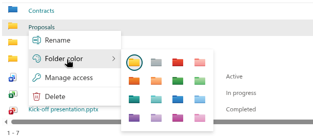 The Folder color palette in the context menu of a folder