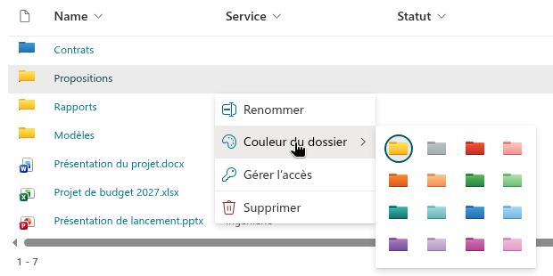La palette Folder color dans le menu contextuel d'un dossier