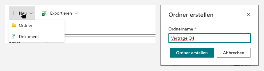 Das Menü „Neu" und der Dialog „Einen Ordner erstellen"