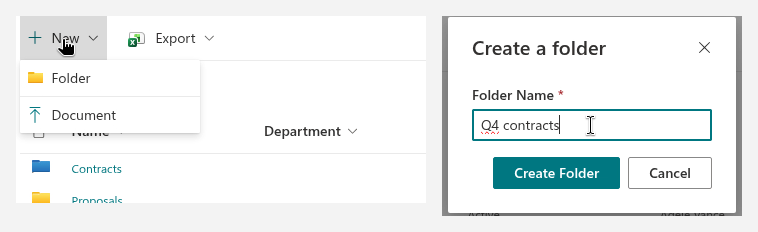 The New menu and the Create a folder dialog