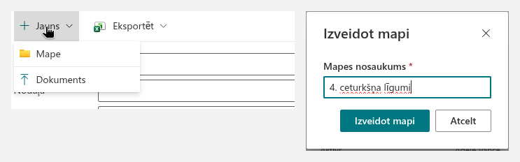 Izvēlne «Jauns» un dialogs «Mapes izveide»