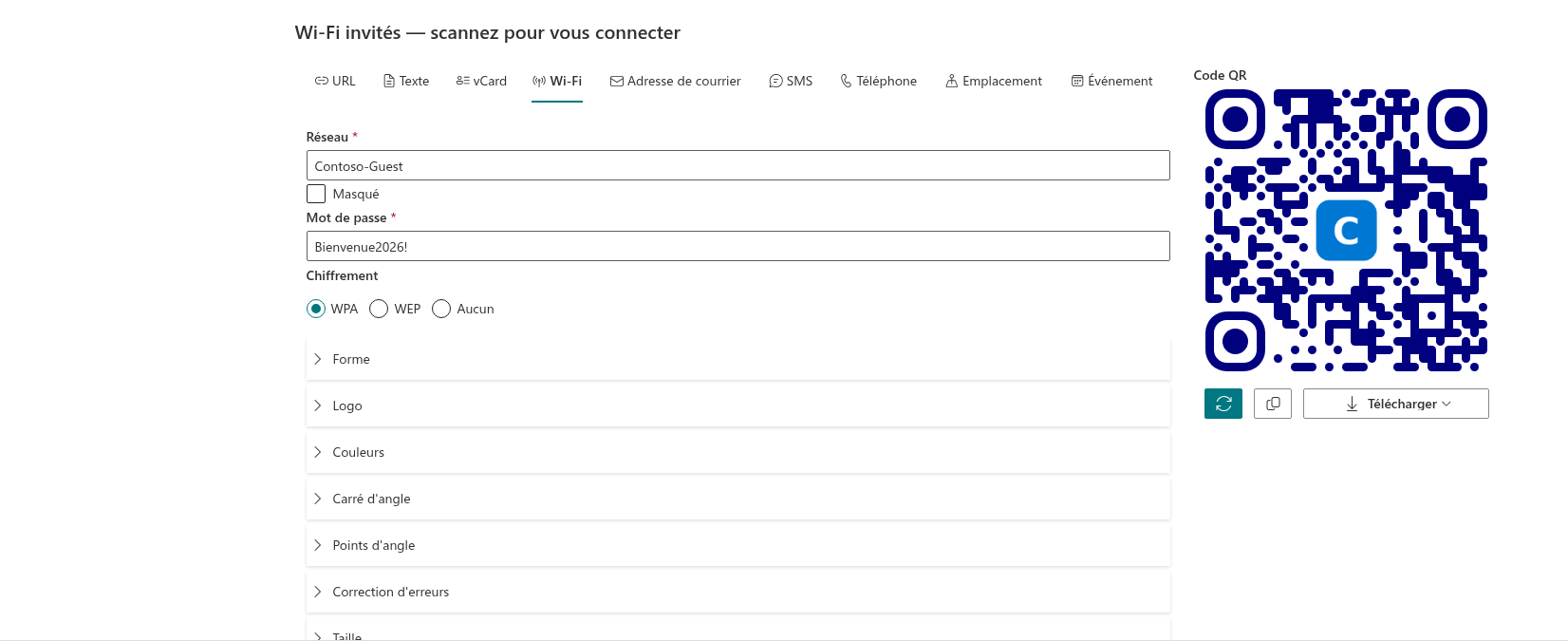 Le composant WebPart QR Code Generator sur une page SharePoint Online