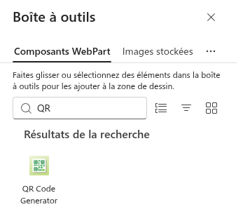 Le composant WebPart QR Code Generator dans la boîte à outils de la page