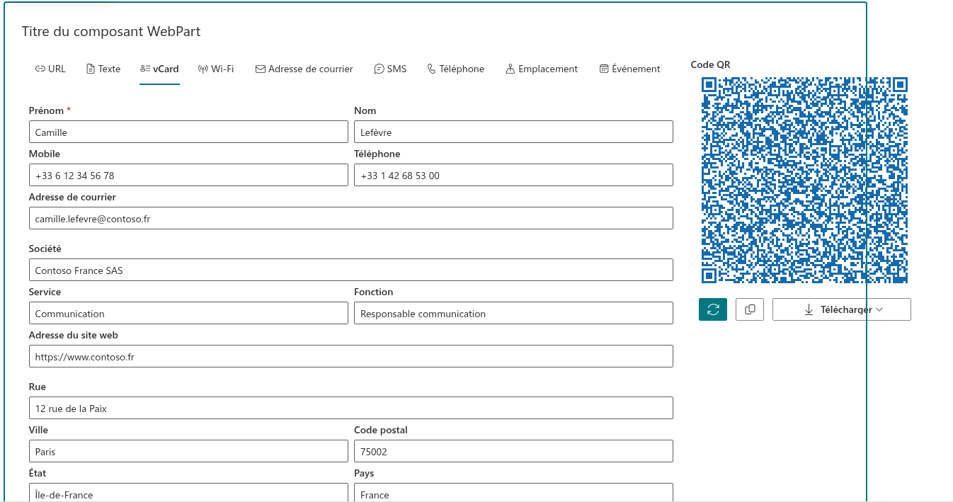 L'onglet vCard avec les coordonnées d'un collaborateur