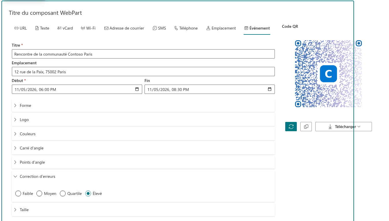 La section Error Correction avec le niveau Élevé sélectionné