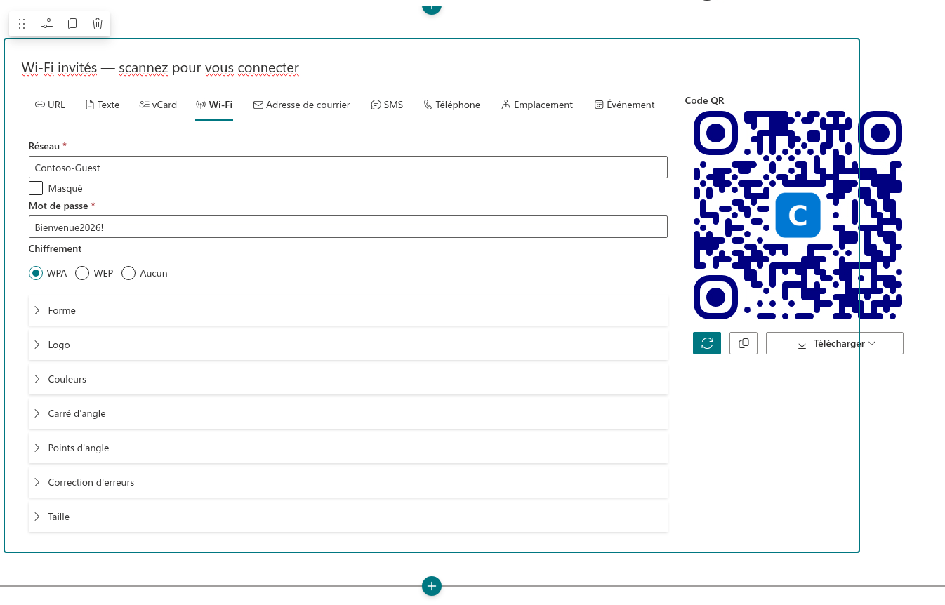 Préparation d'un code pour le Wi-Fi invité sur une page en mode édition
