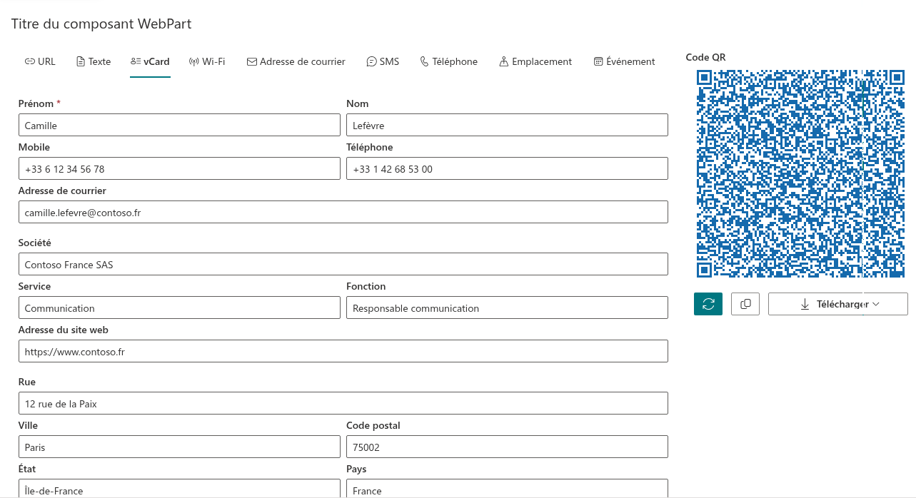 L'onglet vCard avec les coordonnées d'un collaborateur