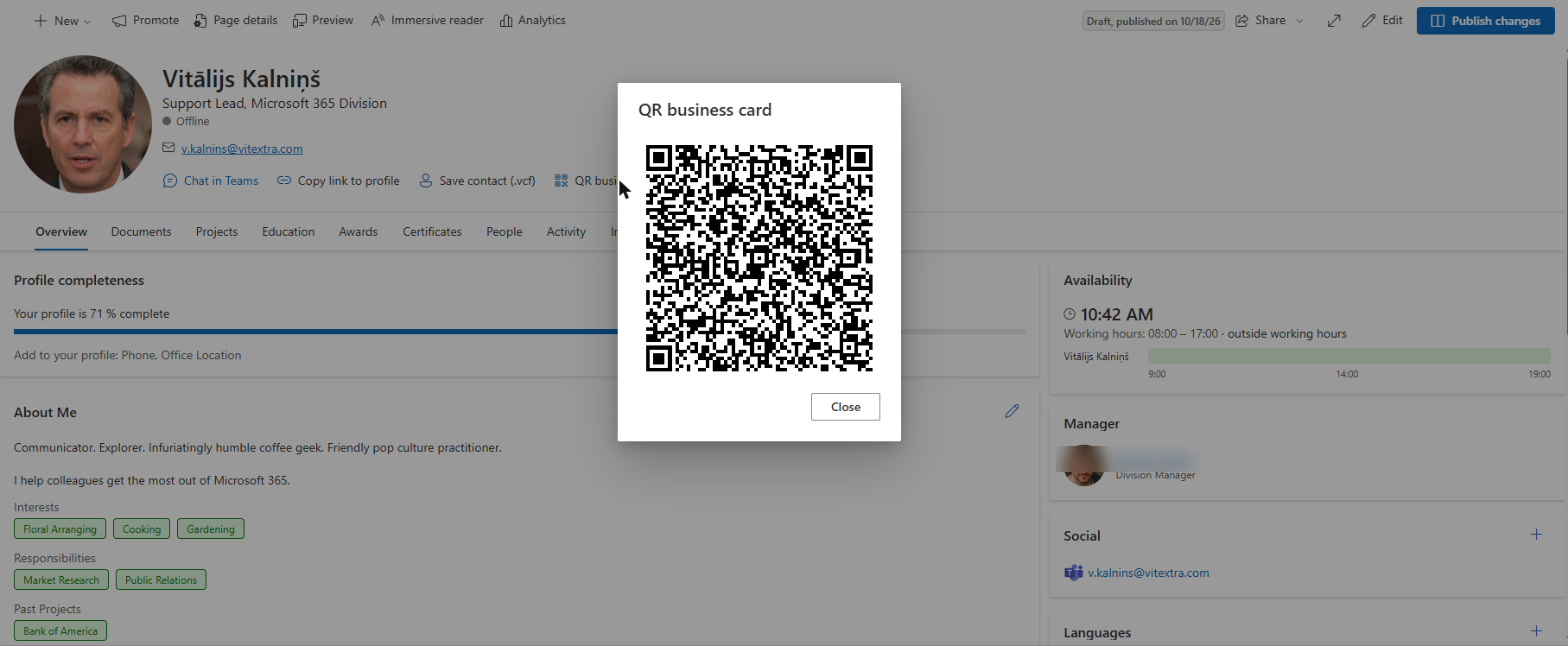 The QR business card dialog