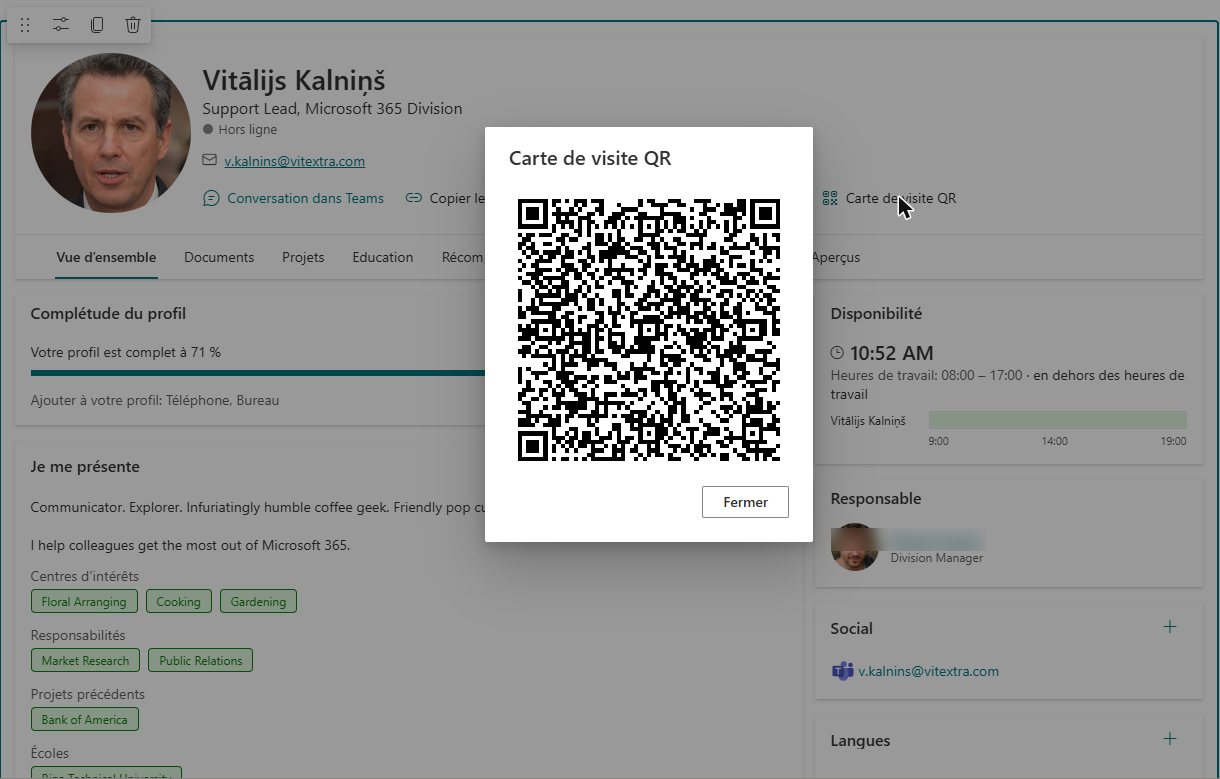 La boîte de dialogue « Carte de visite QR »