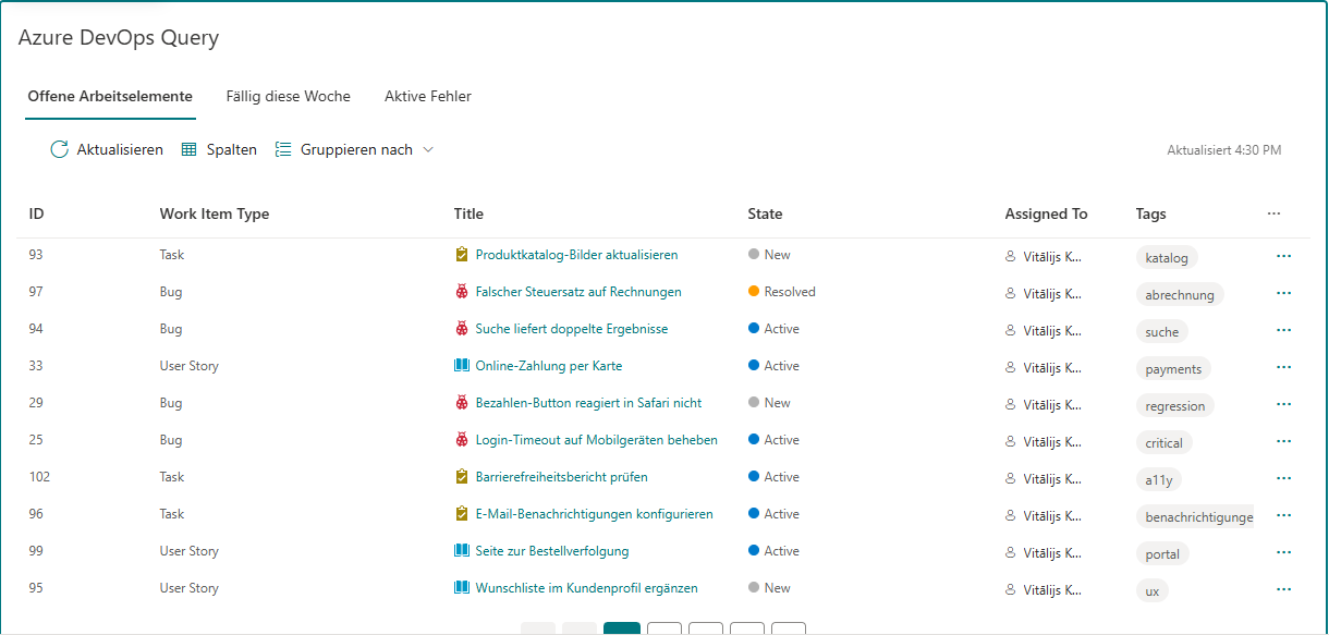 Das Webpart Azure DevOps Query Viewer