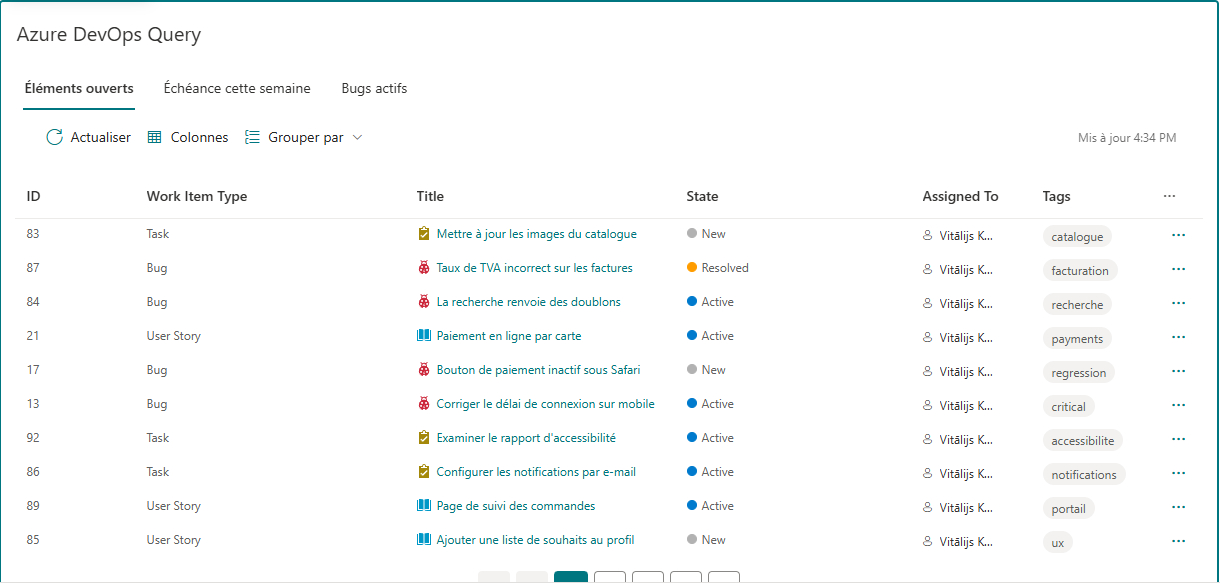 Le composant WebPart Azure DevOps Query Viewer