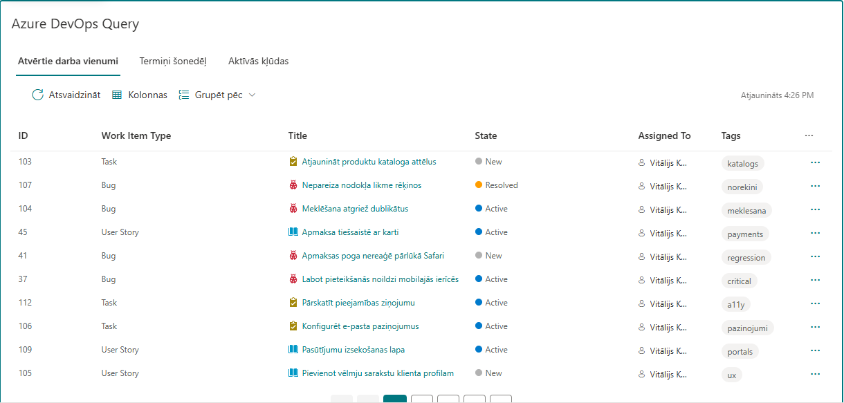 Tīmekļa daļa Azure DevOps Query Viewer