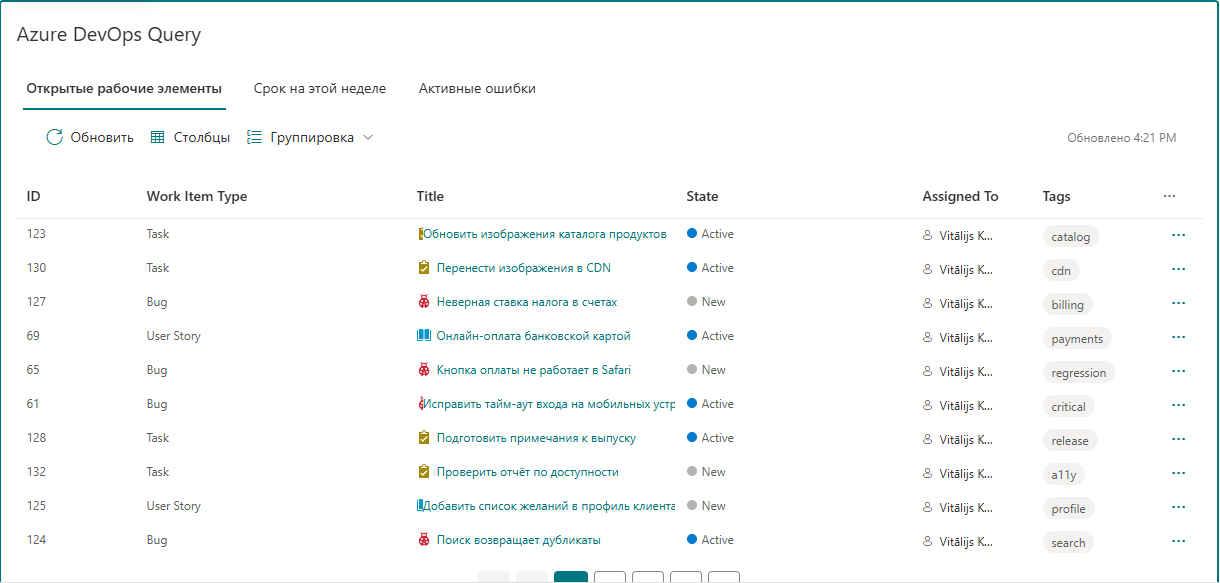 Веб-часть Azure DevOps Query Viewer