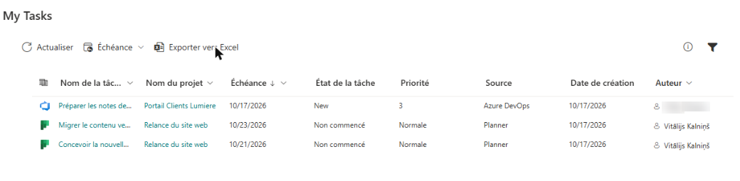 Le composant WebPart My Tasks avec des tâches de plusieurs sources