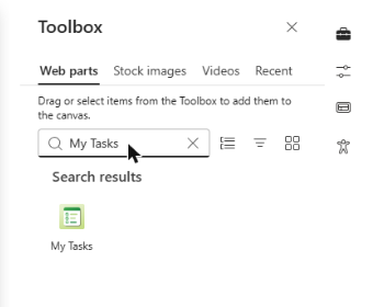 Finding the My Tasks web part in the toolbox