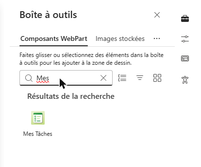 Recherche du composant WebPart My Tasks dans la boîte à outils