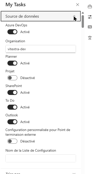 Le groupe Source de données du volet des propriétés de My Tasks