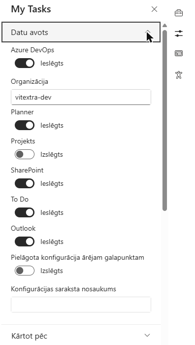 My Tasks rekvizītu rūts grupa Datu avots