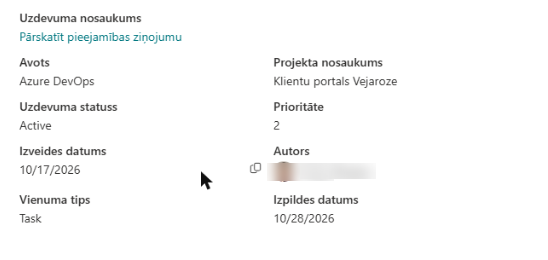 Panelis Detalizēta informācija par uzdevumu Azure DevOps uzdevumam