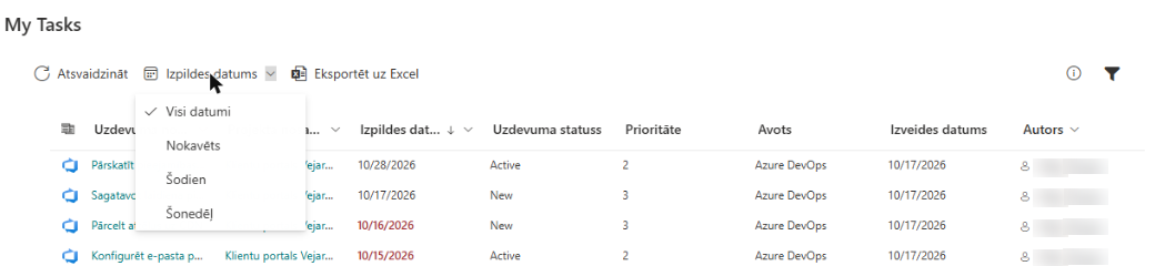 Ātrā filtra izvēlne Izpildes datums